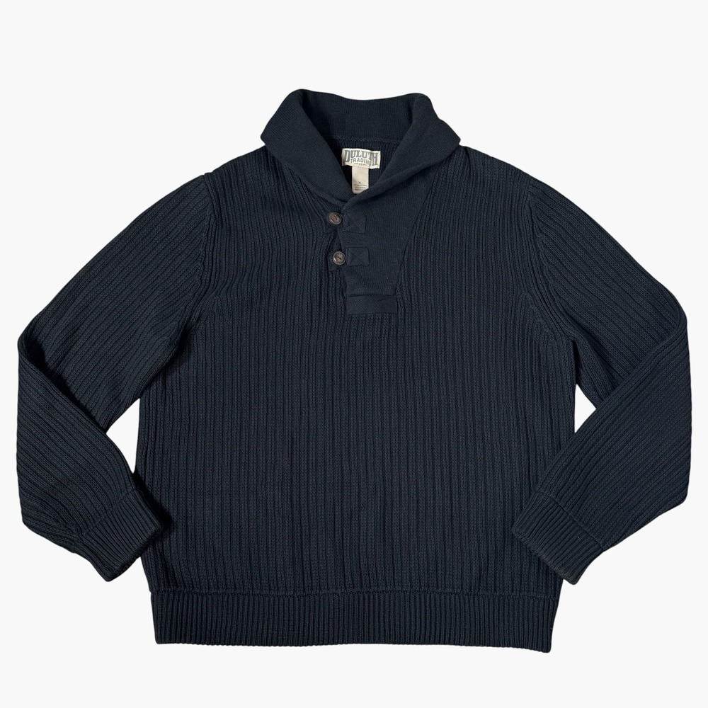 Duluth Mens XL Brigadier Shawl Collar Cable Knit Wool Blend Sweater Black Chunky